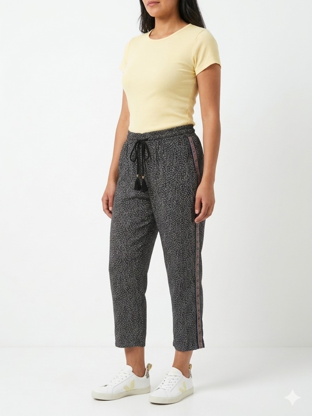😍Anthropologie Women Black Printed Drawstring Cropped Pants Size L